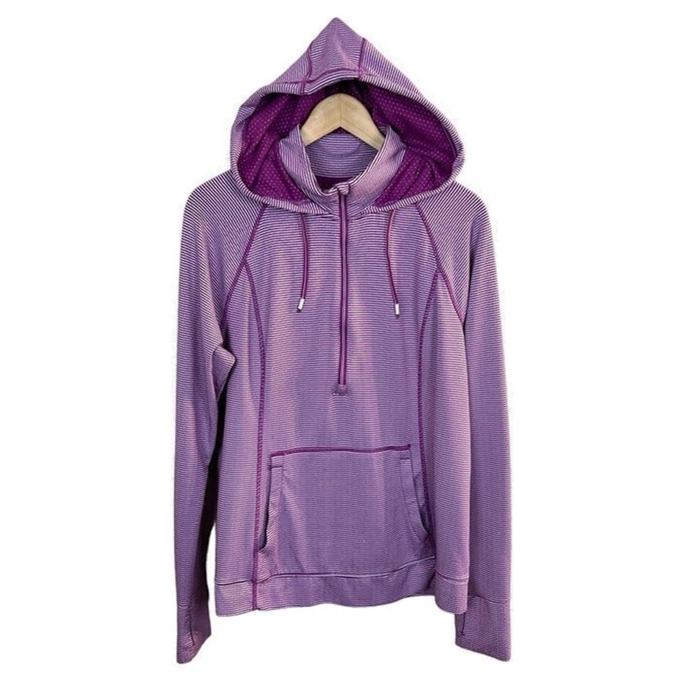 Tangerine Athletic Hoodie Top Sz L Purple Striped Zipper Neck Thumbholes Womens